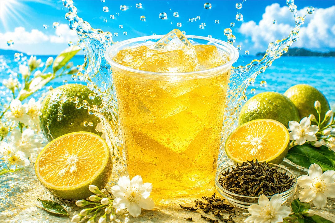 清涼感のあるシークヮーサーをジャスミンにギュッと効かせた、シャープな酸味が広がる沖縄金桔茉莉花茶の画像